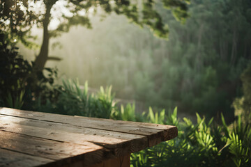 Naklejka premium Rustic wooden table set against sunlit forest backdrop, creating peaceful, nature-inspired ambiance.