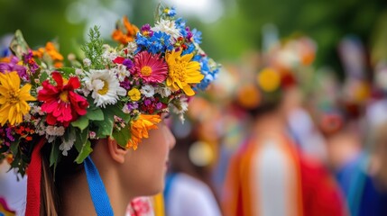 A vibrant flower crown decorates a participant in a joyful Estonian festival