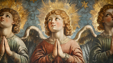An intricately painted Renaissance fresco depicting angels and celestial beings in a vivid sky.