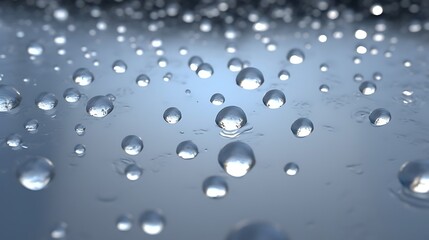 Water droplets on a smooth blue surface reflecting light