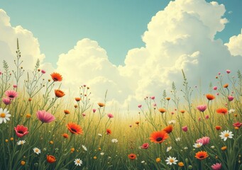 Fototapeta premium Colorful wildflower meadow under blue sky with fluffy clouds
