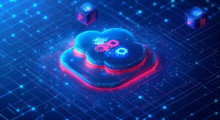 Futuristic Cloud Computing Integration Platform with Gears and Data Management in 3D Illustration