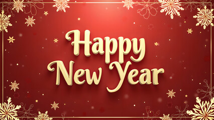 Happy New Year greeting card with golden text and snowflakes on red background