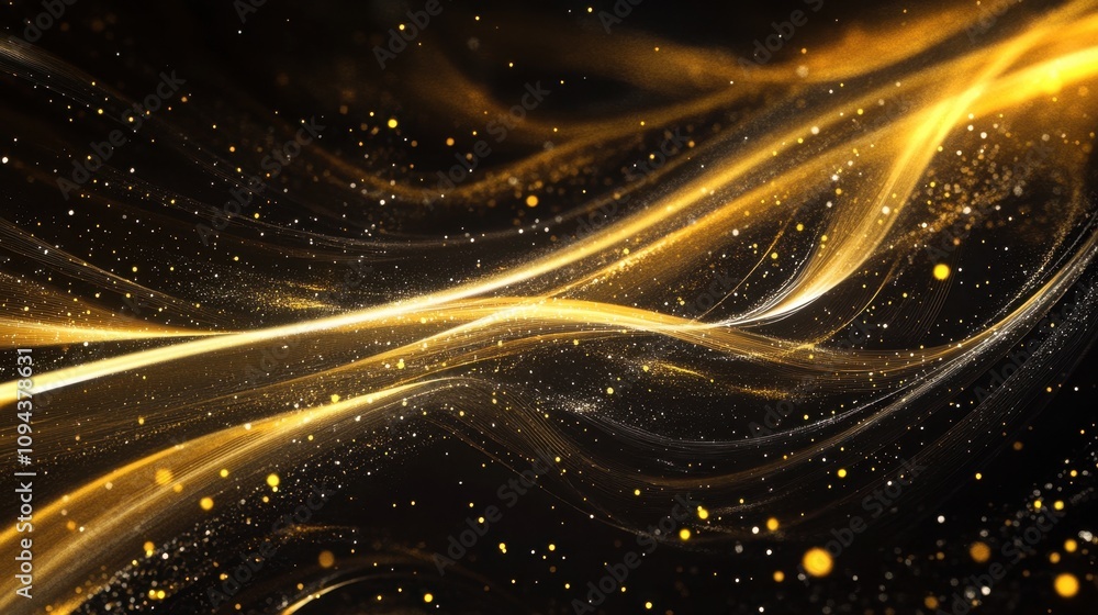 Poster abstract golden waves with sparkling particles on a dark background.