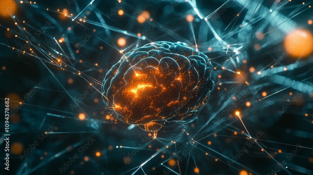 Poster exploring neural connections brain imagery digital art technology abstract close-up innovation in vi