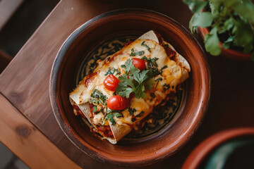 Traditional Mexican Enchiladas on Clay Plate