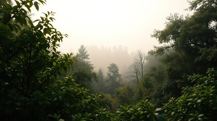 Dense foliage in the foreground distant tree line visible misty morning atmosphere captured, outdoor scenery, forest ambiance, seasonal change