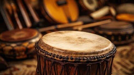 Close-up of a Swazi drum highlighting its carvings and skin texture among various instruments