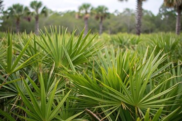 Dense mat of saw palmetto serenoa repens forming a natural barrier, saw palmetto serenoa repens hedge, landscaping, dense foliage, natural screen