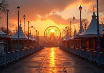 Obraz premium Sunset over amusement park pathway with ferris wheel in the background