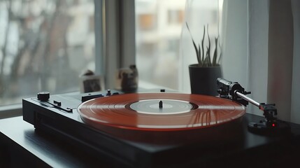 A Red Vinyl Record Spins on a Turntable by a Window on a Rainy Day.. AI Generated