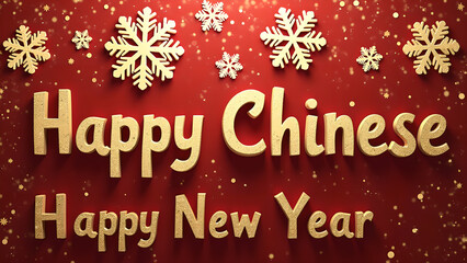Happy Chinese New Year Greeting with Gold 3D Text and Snowflakes