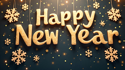 Golden Happy New Year Greeting with Snowflakes and Lights