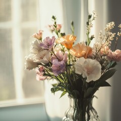 A Beautiful Arrangement of Colorful Spring Flowers in a Bright, Sunlit Room with Refreshing Natural Light and Soft Greenery Surrounding the Vase