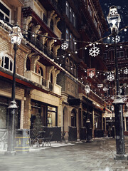 Fototapeta premium Snowy street in an old Victorian town with winter decorations, old buildings and lanterns. 3D illustration. Made from 3d resources and painted elements. No AI used.
