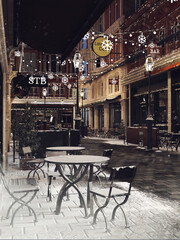 Snowy steet in a fantasy Victorian town with a table and chair and winter decorations at night. 3D illustration. Made from 3d resources and painted elements. No AI used.