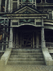 Old abandoned Victorian house with boarded doors and dust on the stairs. 3D illustration. Made from 3d resources and painted elements. No AI used.
