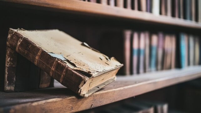 A torn book cover on a neglected library shelf, Symbolizing the decline of public education and knowledge access, minimalistic composition
