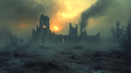 Naklejka premium Desolate ruins at sunset post-apocalyptic scene eerie atmosphere