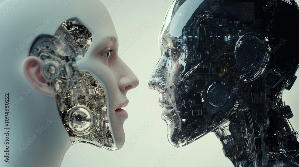 Poster two robots with human faces are facing each other