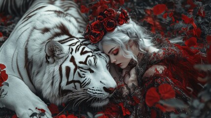 A fantasy witch woman princess with a white tiger with a red flower theme dress and decoration background wallpaper AI generated image