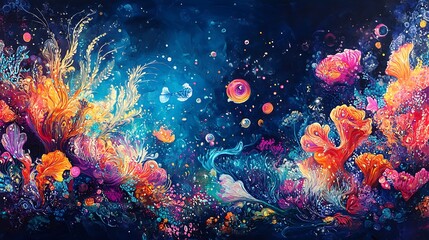 Obraz premium Vibrant coral reef exploration underwater digital art ocean panoramic view marine life