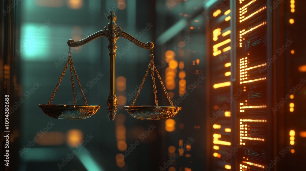 Aufkleber justice in the digital age balancing scales in a data-driven world server room conceptual art futuri