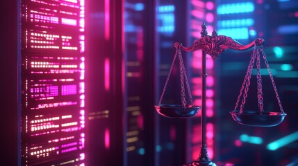 Innovative justice system technology virtual environment digital balance data-driven insights futuristic concept for law enforcement