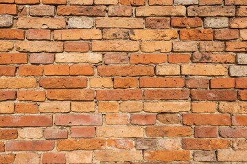 Fototapeta premium Earthy tones of burnt orange and peach dominate this distressed brick wall texture giving it an authentic feel, rustic charm, distressed brick, authentic, burnt orange, peach