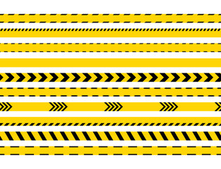 Barrier tapes for danger places. Seamless danger ribbons. Set of warning bands for work zones. Yellow black tape. Caution striped boundary lines under construction. Vector illustration.