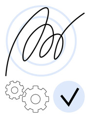 Abstract linear gesture over two gears and checkmark in blue circle. Ideal for productivity, verification, automation, efficiency, completion, accuracy, quality assurance. Line metaphor