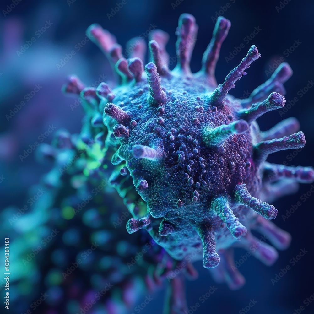 Poster a close-up view of a virus, showcasing its intricate structure and surface features.