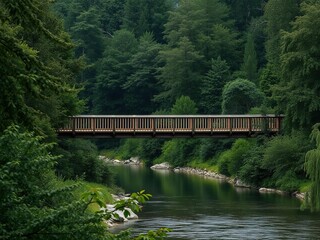 Elevated wooden bridge spanning over the Moselle river surrounded by dense forest foliage, woods, river, bridge