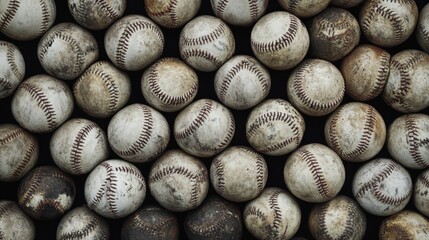 Baseball collection display sports field close-up photography outdoor environment aerial view sports equipment concept