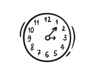 Hand drawn doodle clock icon. Isolated outline clock on a white background. 