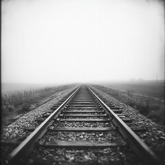 Obraz premium Peaceful black and white landscape of a lonely railroad track disappearing into a foggy and mysterious horizon, evoking a sense of solitude and adventure