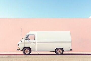 A white vintage van parked in front of a pink wall.