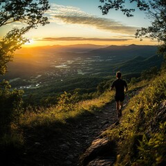 Runner on a Scenic Trail at Sunset with Vibrant Sky and Lush Green Mountains in the Background, Capturing Outdoor Adventure and Serenity