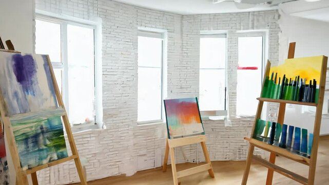 Camera zooms out to reveal a bright art studio with white brick walls, bathed in high key lighting.
