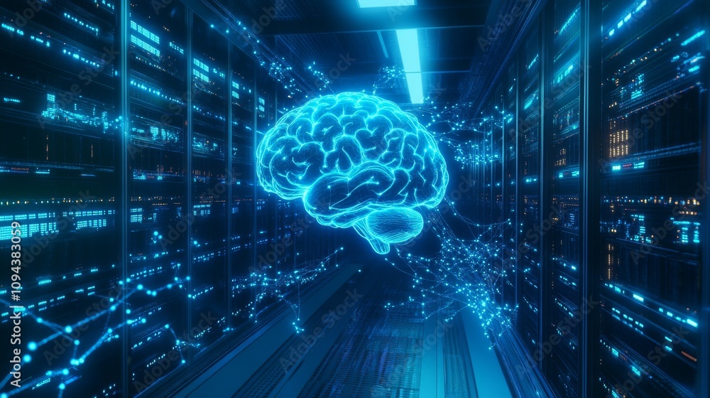Poster exploring the intersection of technology and neuroscience data center digital art futuristic environ