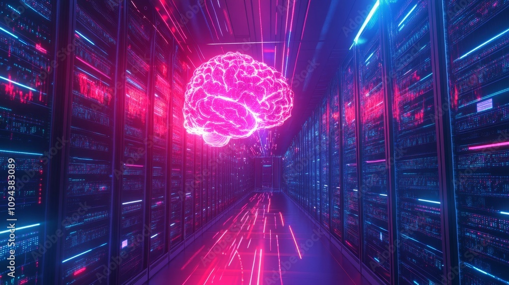 Poster exploring ai technology with a futuristic brain visualization in a data center environment