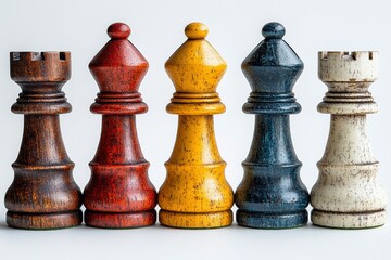 Colorful Vintage Chess Pieces on White Background