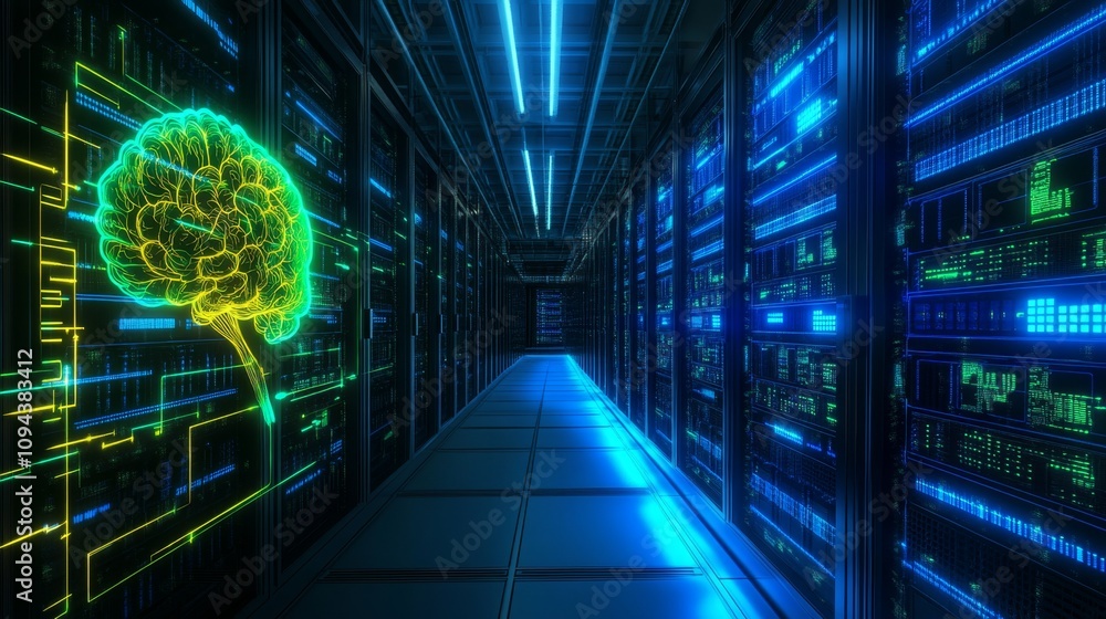 Poster exploring the future of artificial intelligence in data centers tech hub digital illustration high-t