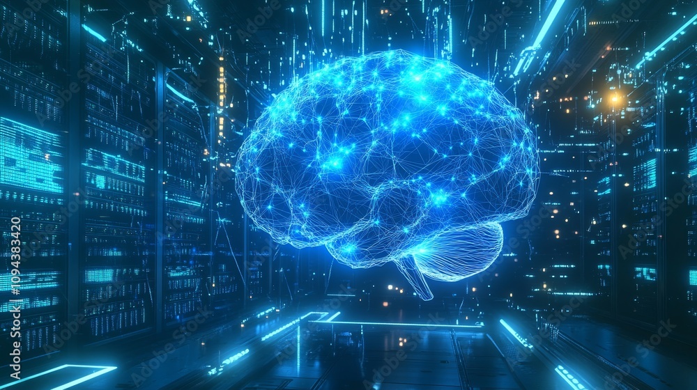 Poster exploring artificial intelligence futuristic brain visualization digital space 3d art high-tech envi