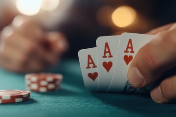 Gambler holding three aces in casino with poker chips on table