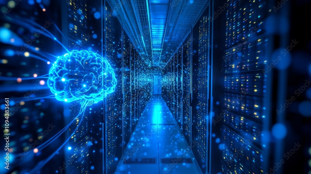 Poster exploring artificial intelligence networks data center digital technology high-tech environment futu