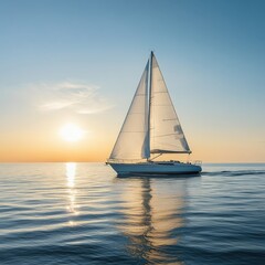 Serene Sailing at Sunset: A Tranquil Yacht Gliding Across Calm Waters Under a Vibrant Sky, Capturing the Essence of Peace and Adventure on the Open Sea