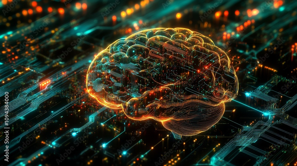 Poster exploring the intersection of technology and neuroscience a digital brain visualization in a cyber e