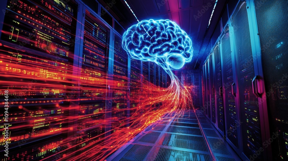 Poster harnessing ai for data processing server room digital art high-tech environment futuristic viewpoint