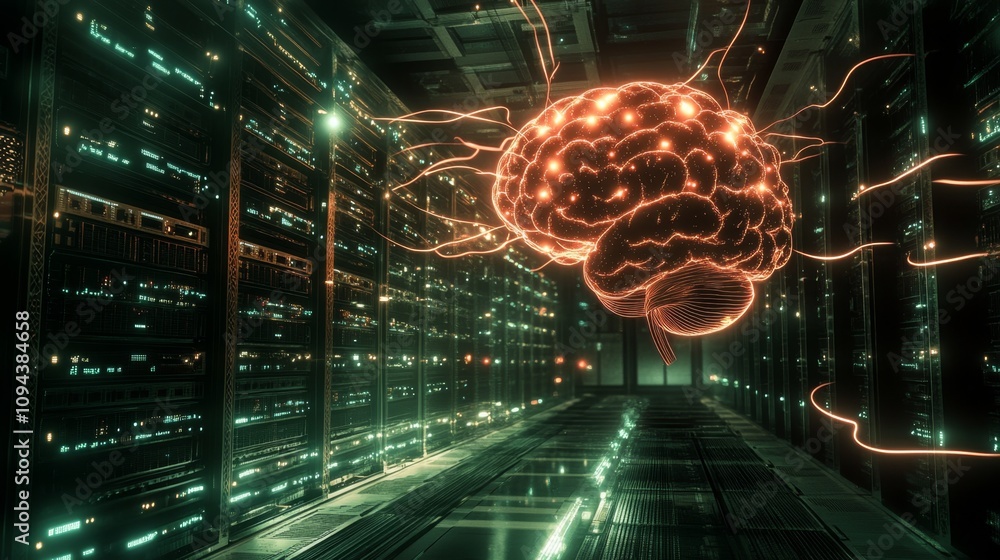 Poster artificial intelligence integration data center digital art futuristic environment perspective neura